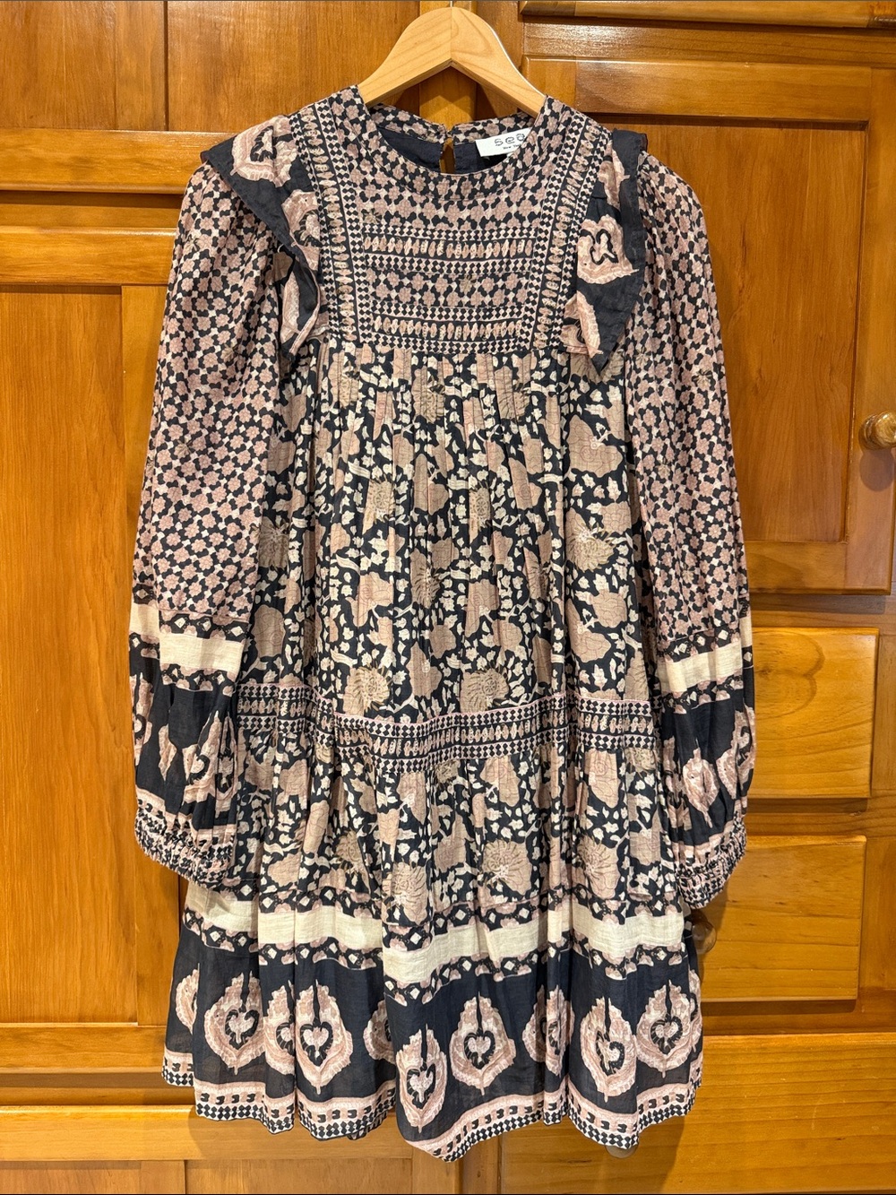 Sea NY Bohemian Floral Long-Sleeve Cotton Mini Dress - Pink & Washed Black